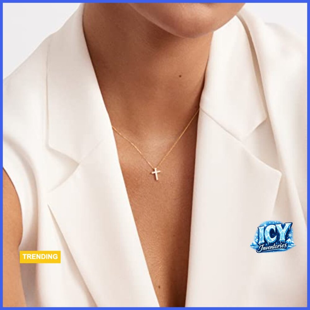 14K Solid Gold Diamond Cross Pendant Necklace, 18 Inch Chain - Picture 2 of 7